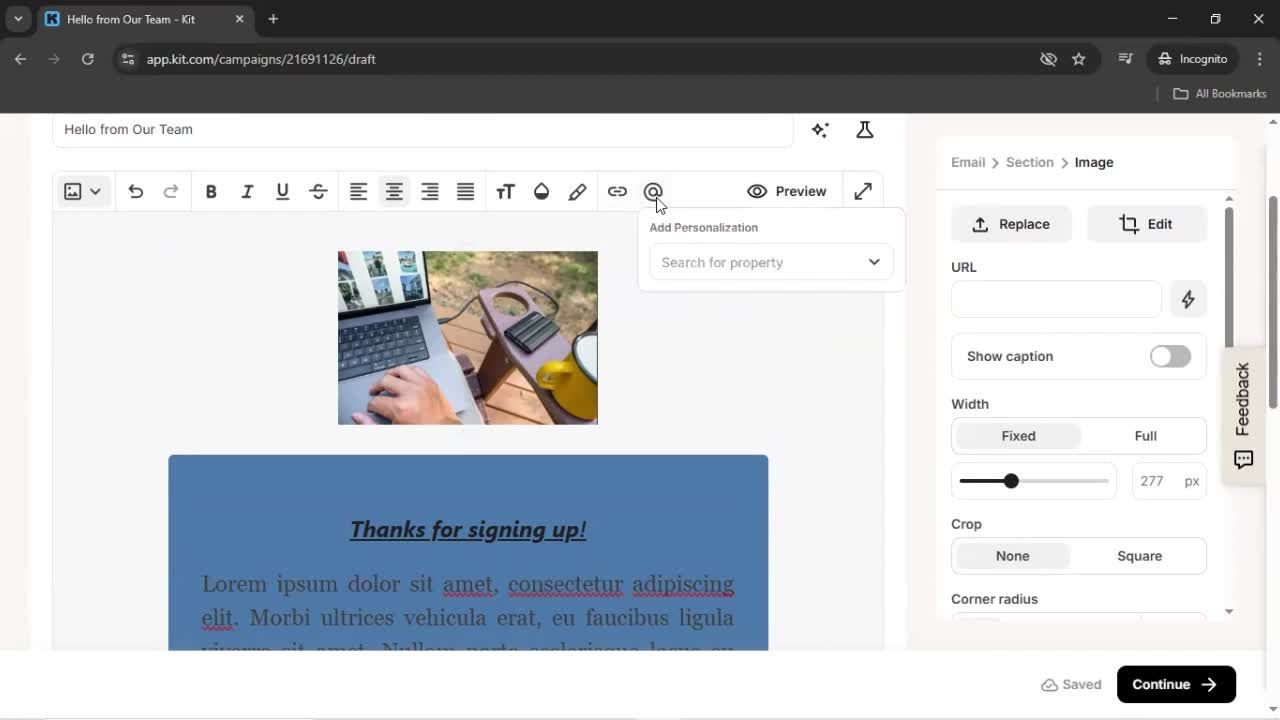 Creating an email campaign screenshot