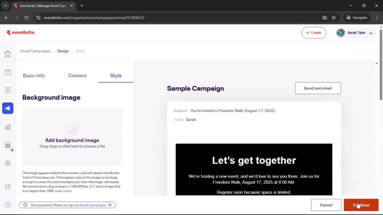 Creating an email campaign screenshot