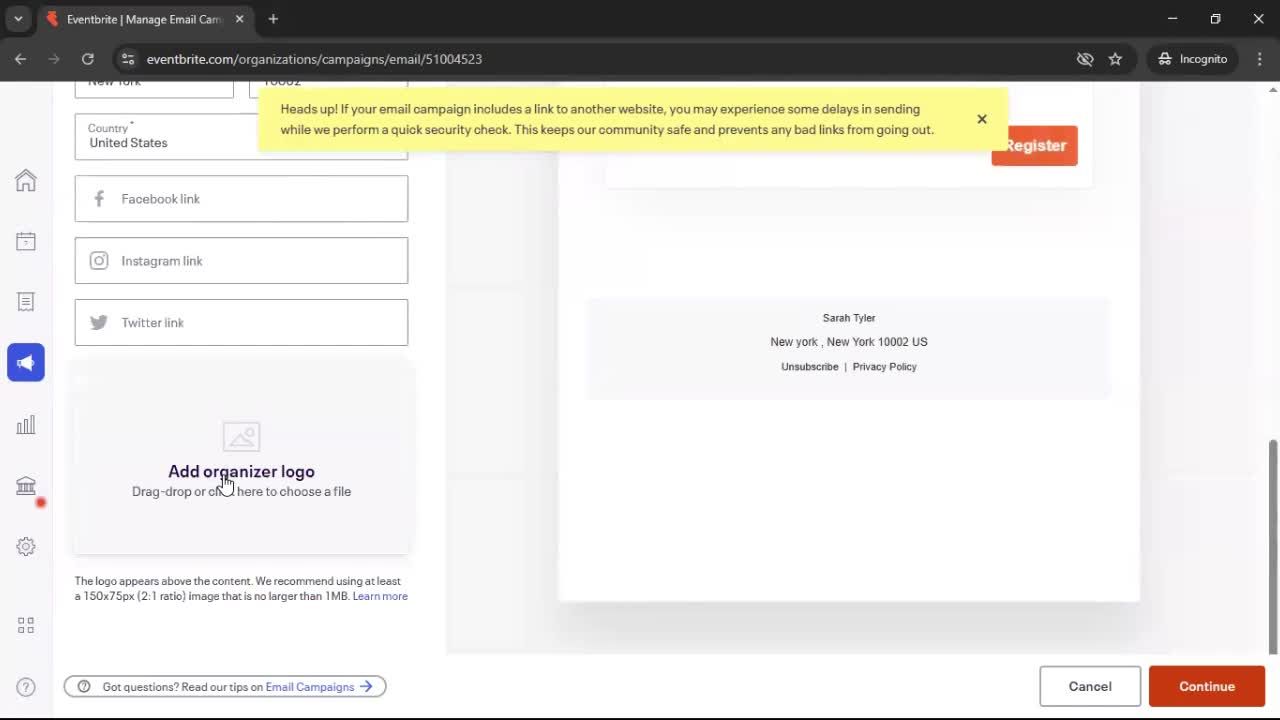 Creating an email campaign screenshot