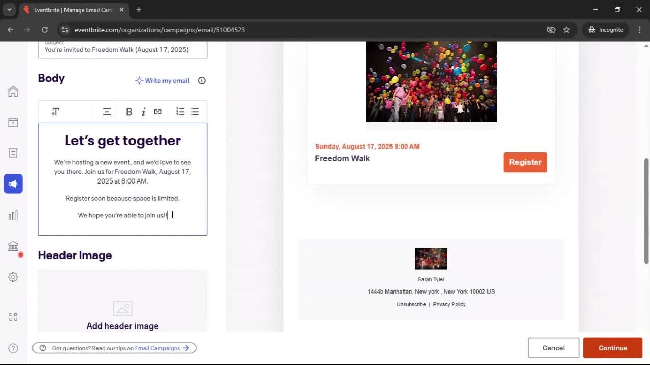 Creating an email campaign screenshot