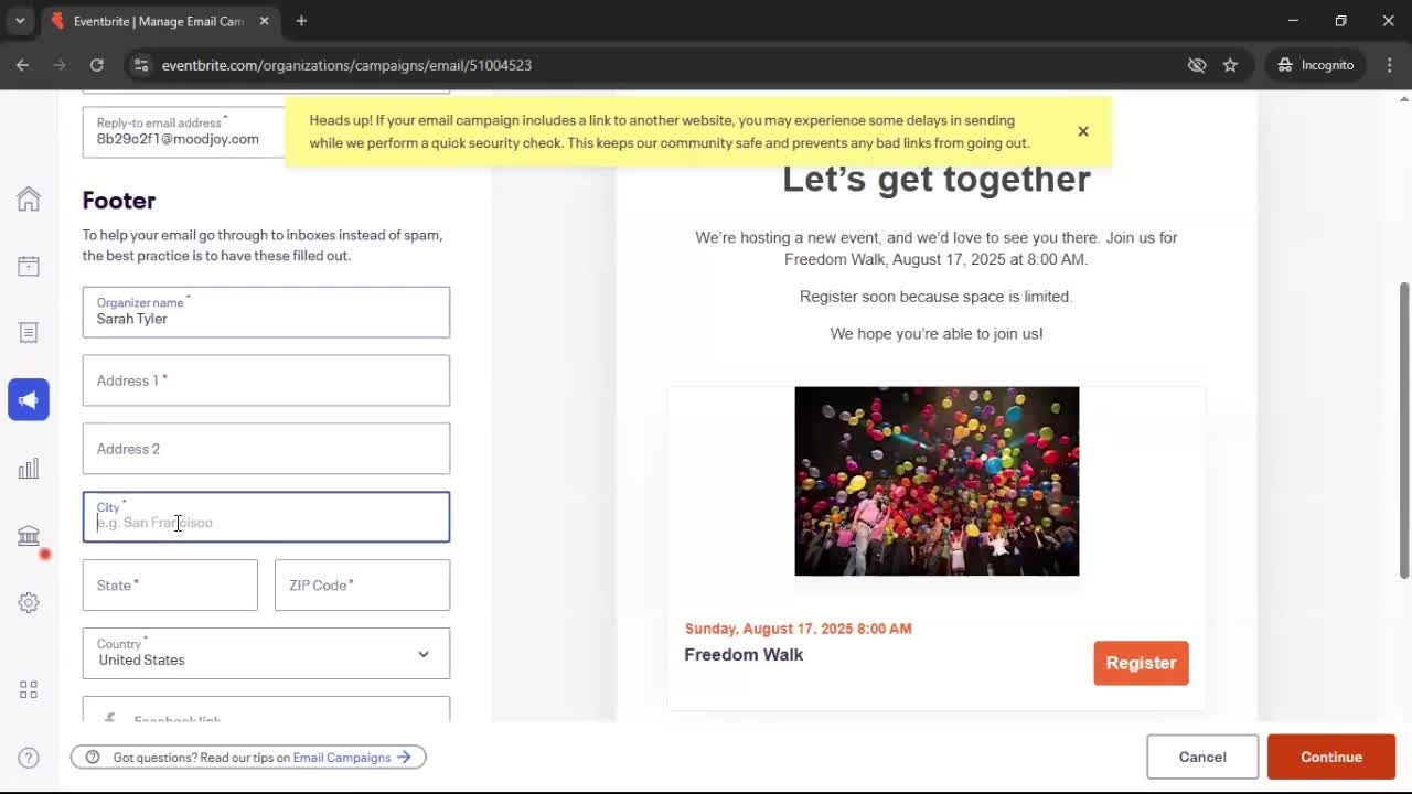 Creating an email campaign screenshot