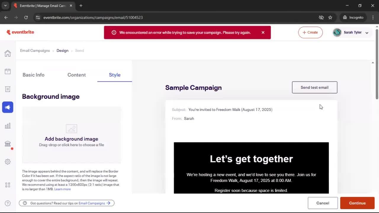 Creating an email campaign screenshot