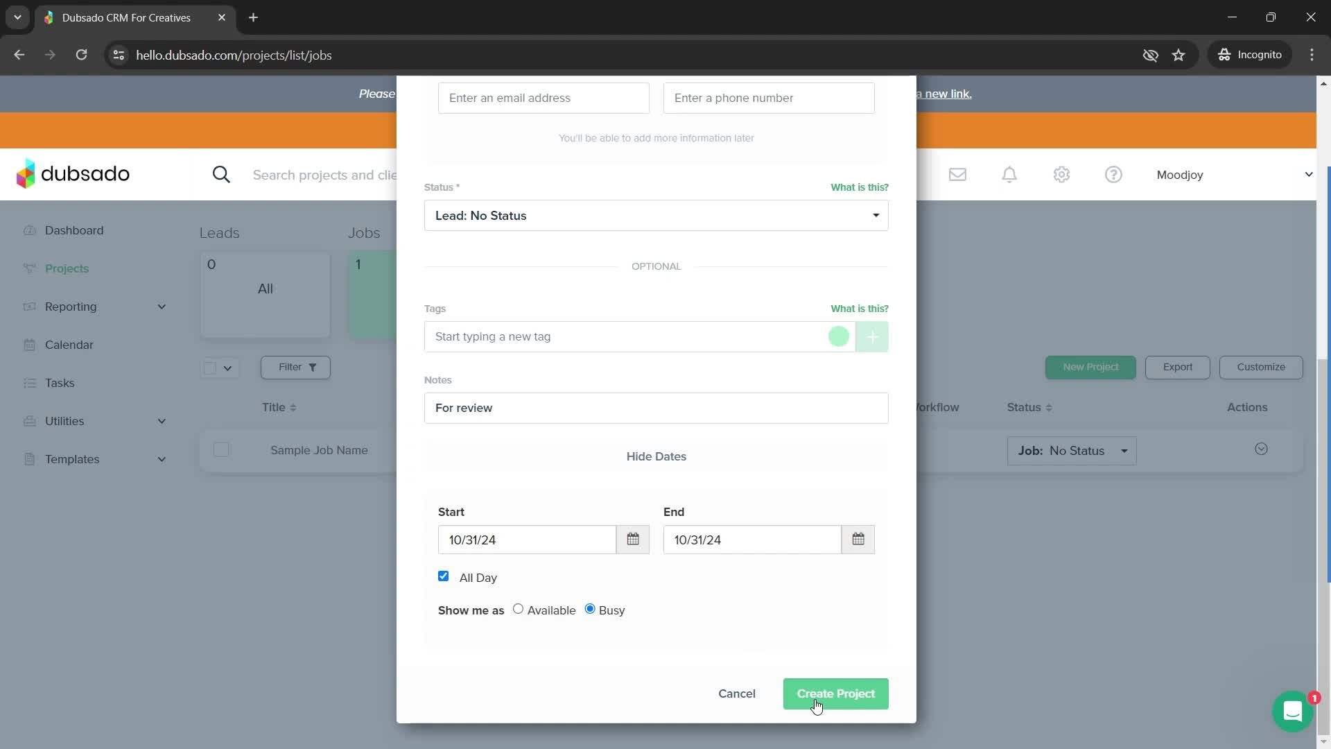Creating a project screenshot
