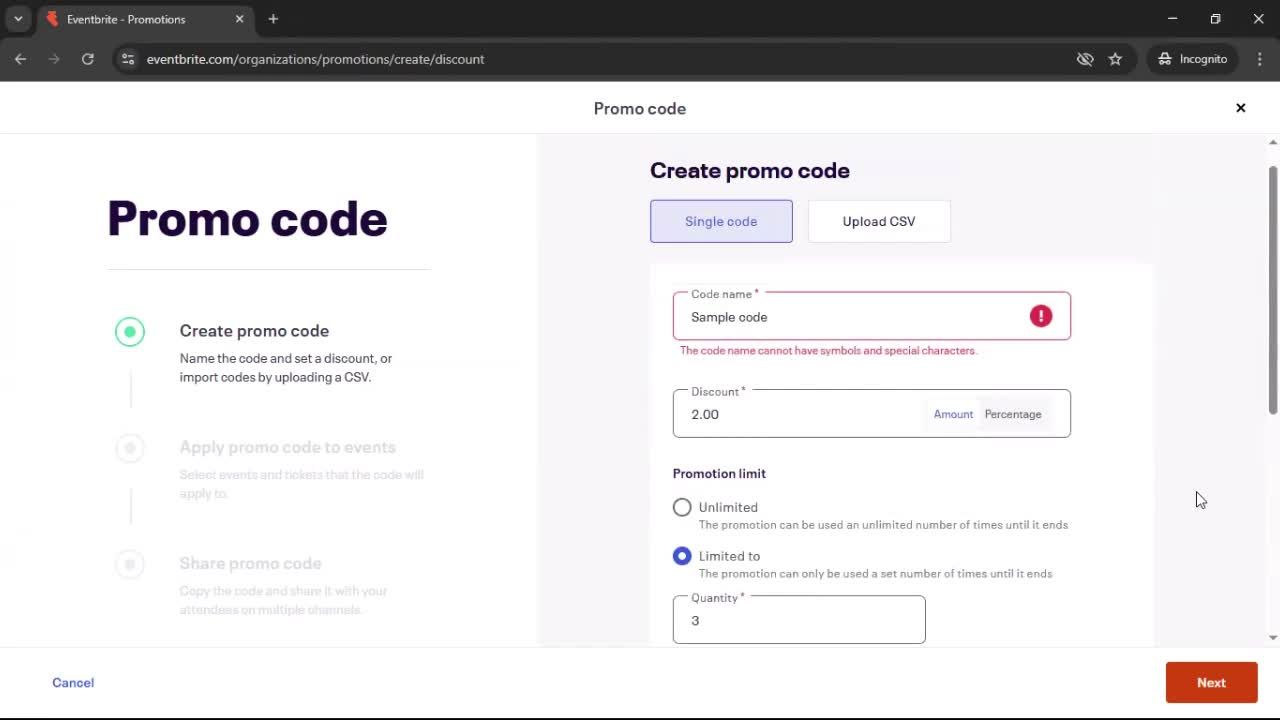 Creating promo codes screenshot