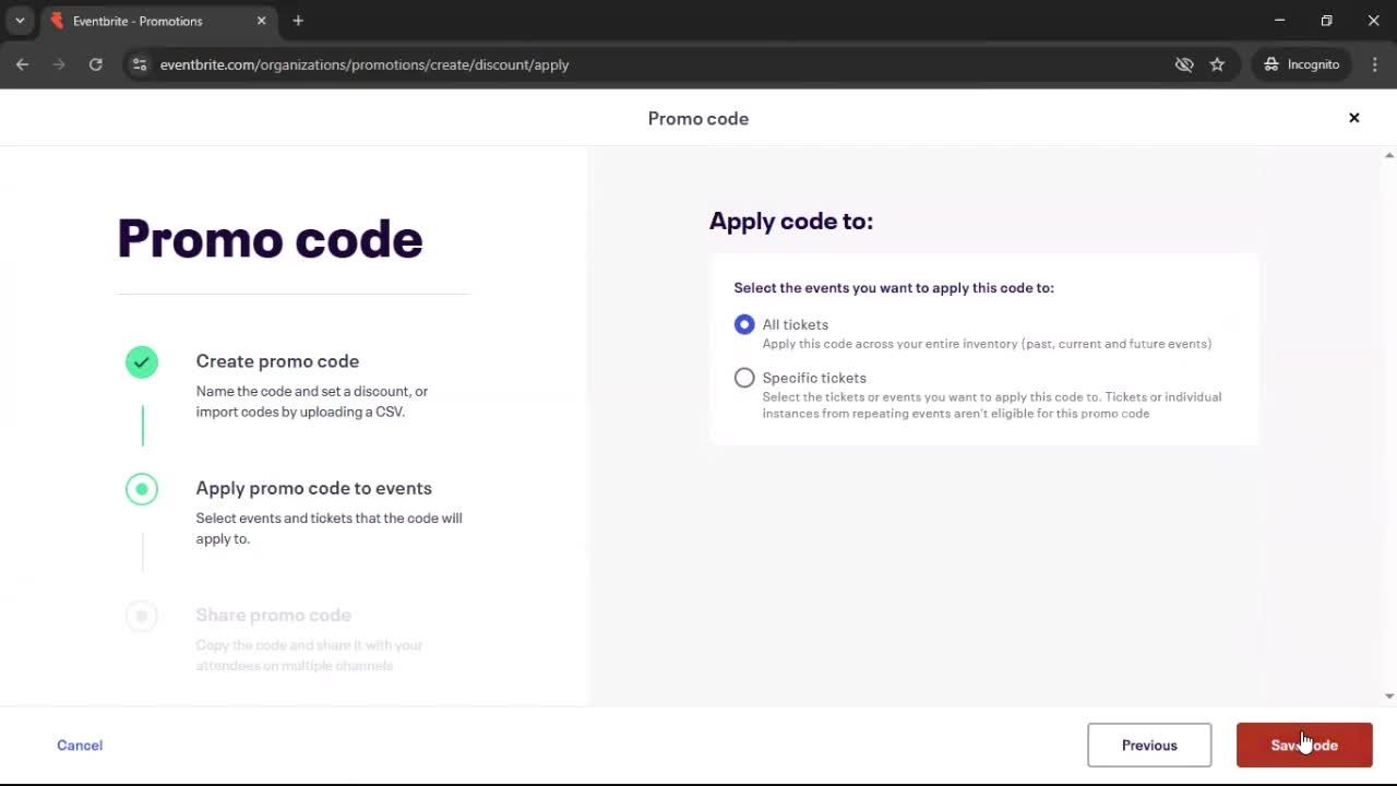 Creating promo codes screenshot