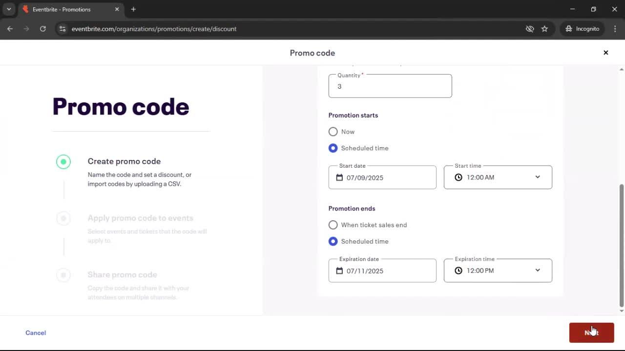 Creating promo codes screenshot