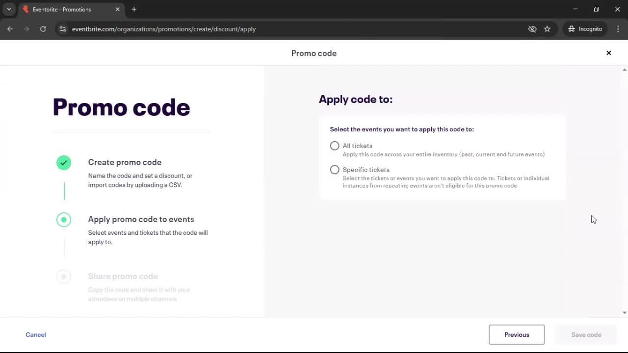 Creating promo codes screenshot