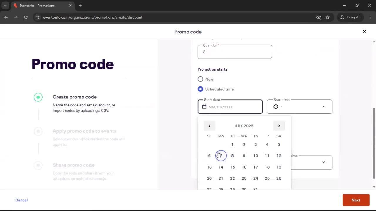 Creating promo codes screenshot