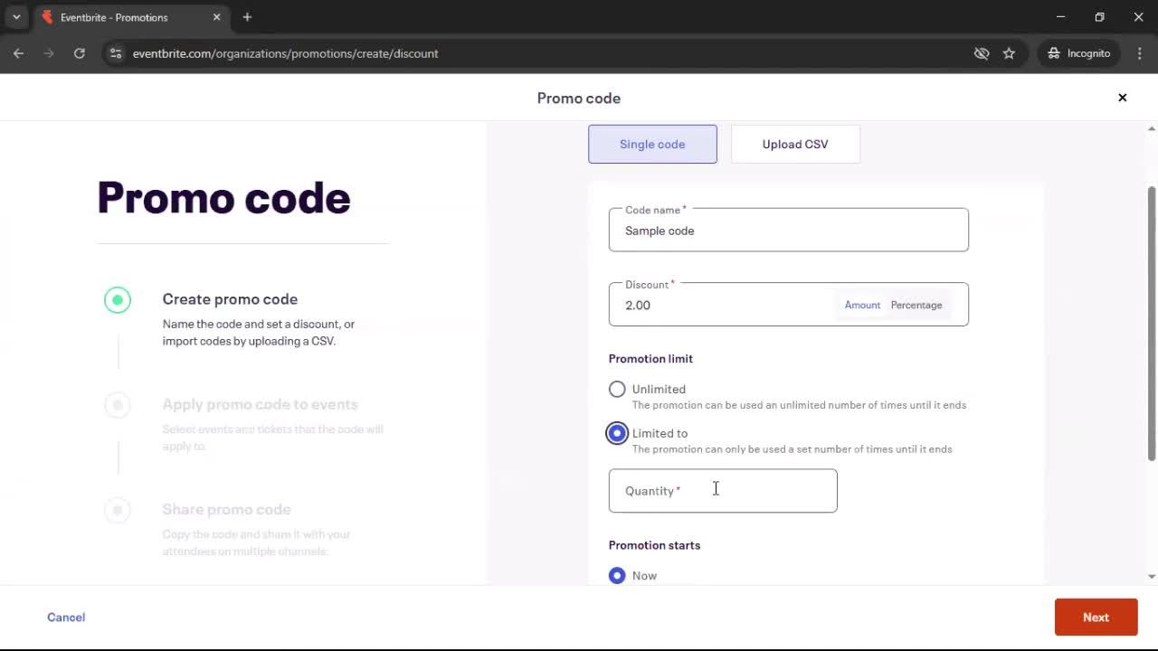 Creating promo codes screenshot