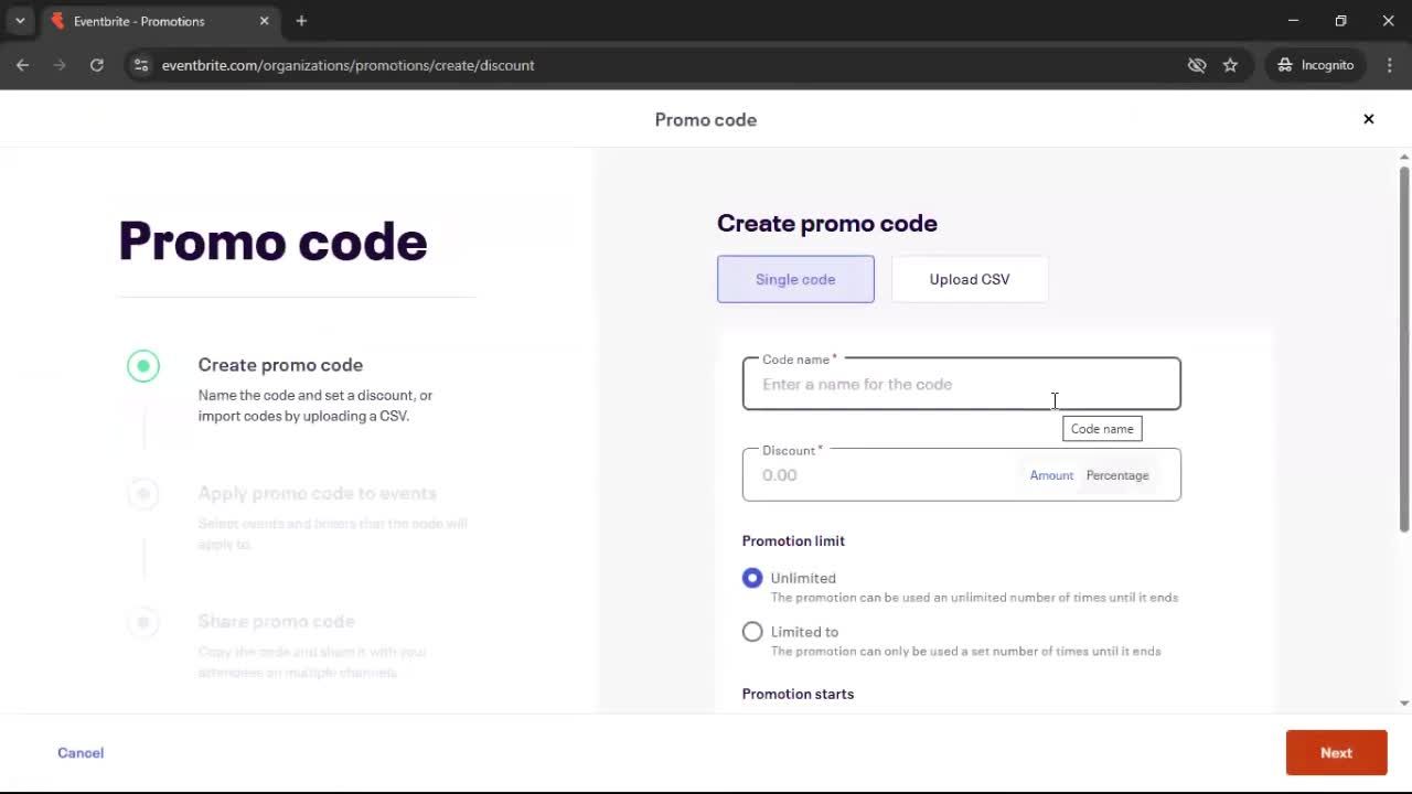 Creating promo codes screenshot