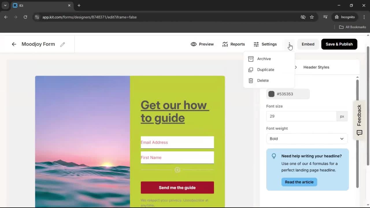 Creating a form screenshot