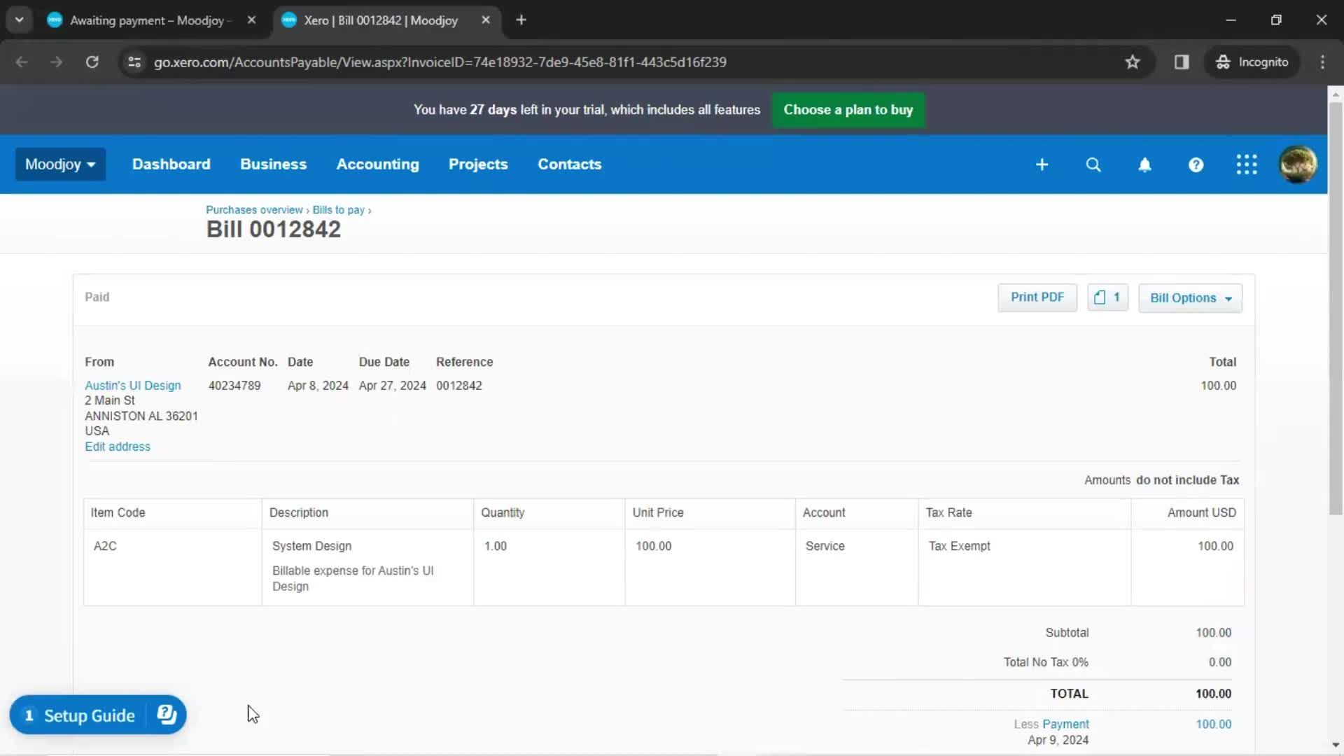 Creating a bill screenshot