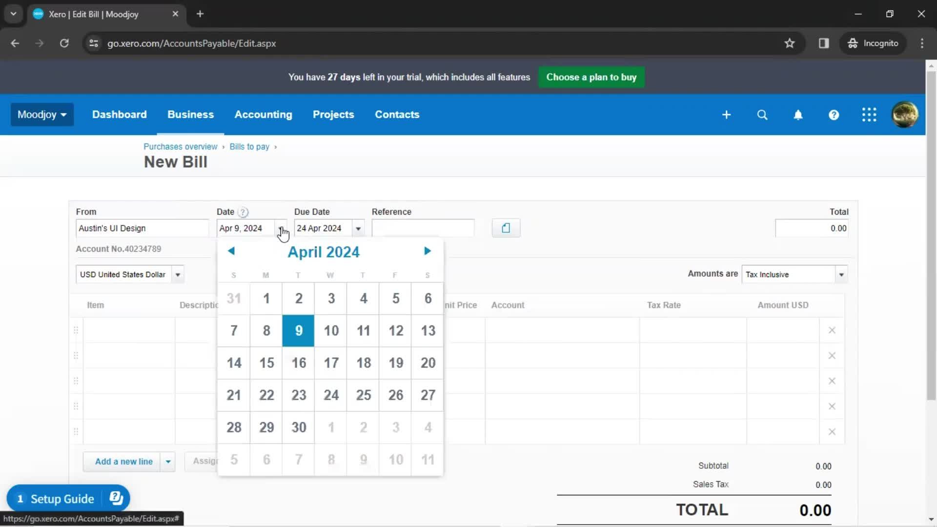 Creating a bill screenshot