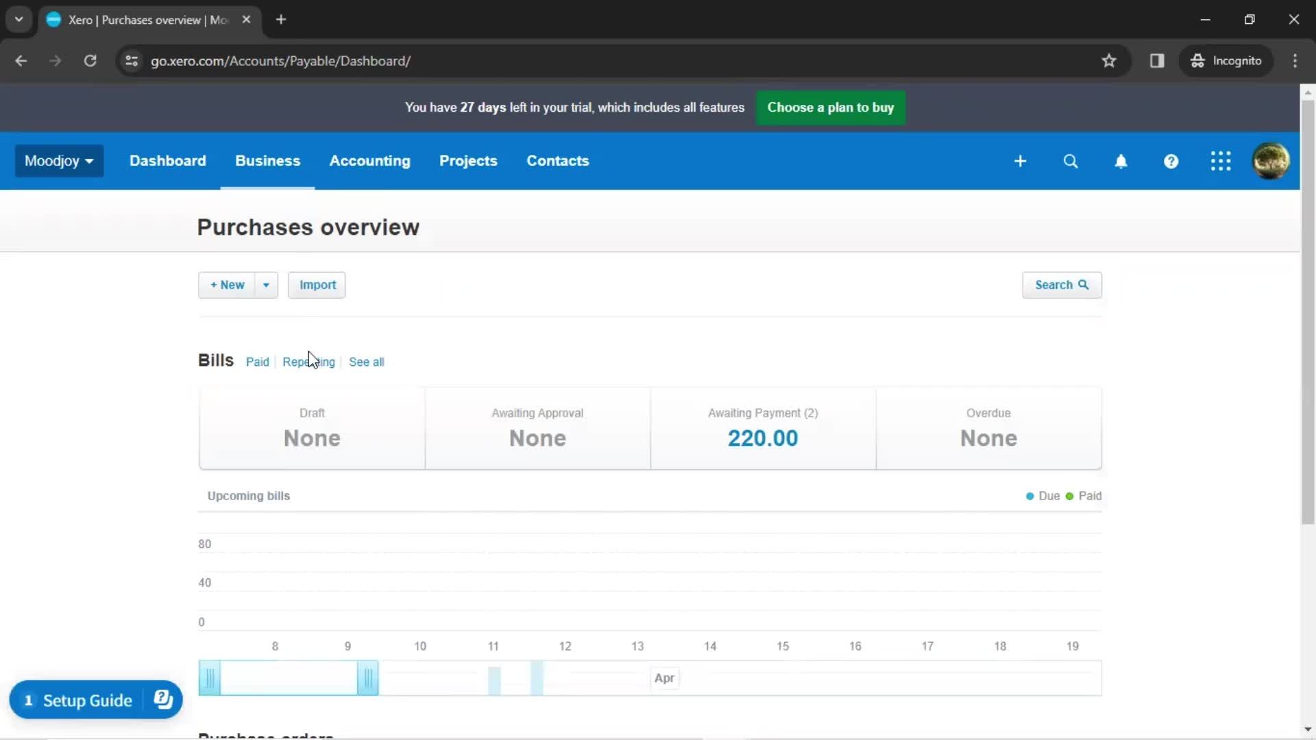 Creating a bill screenshot