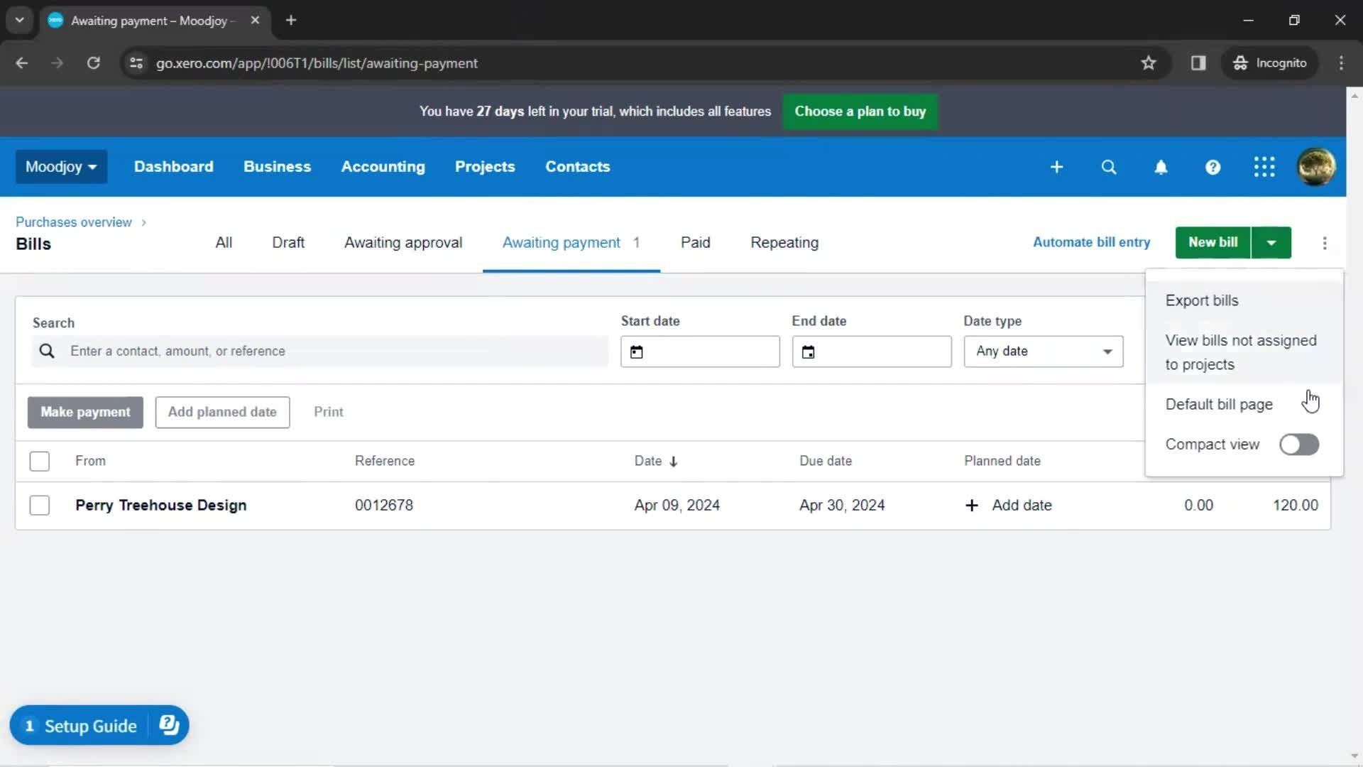 Creating a bill screenshot
