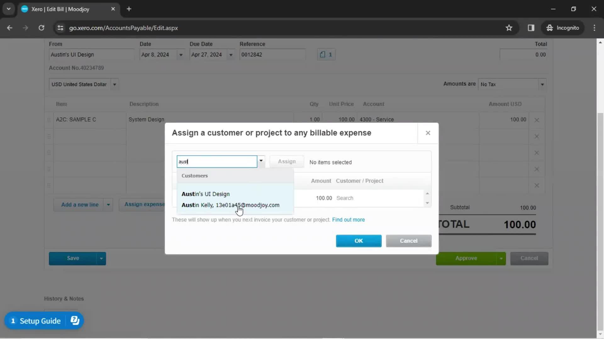 Creating a bill screenshot