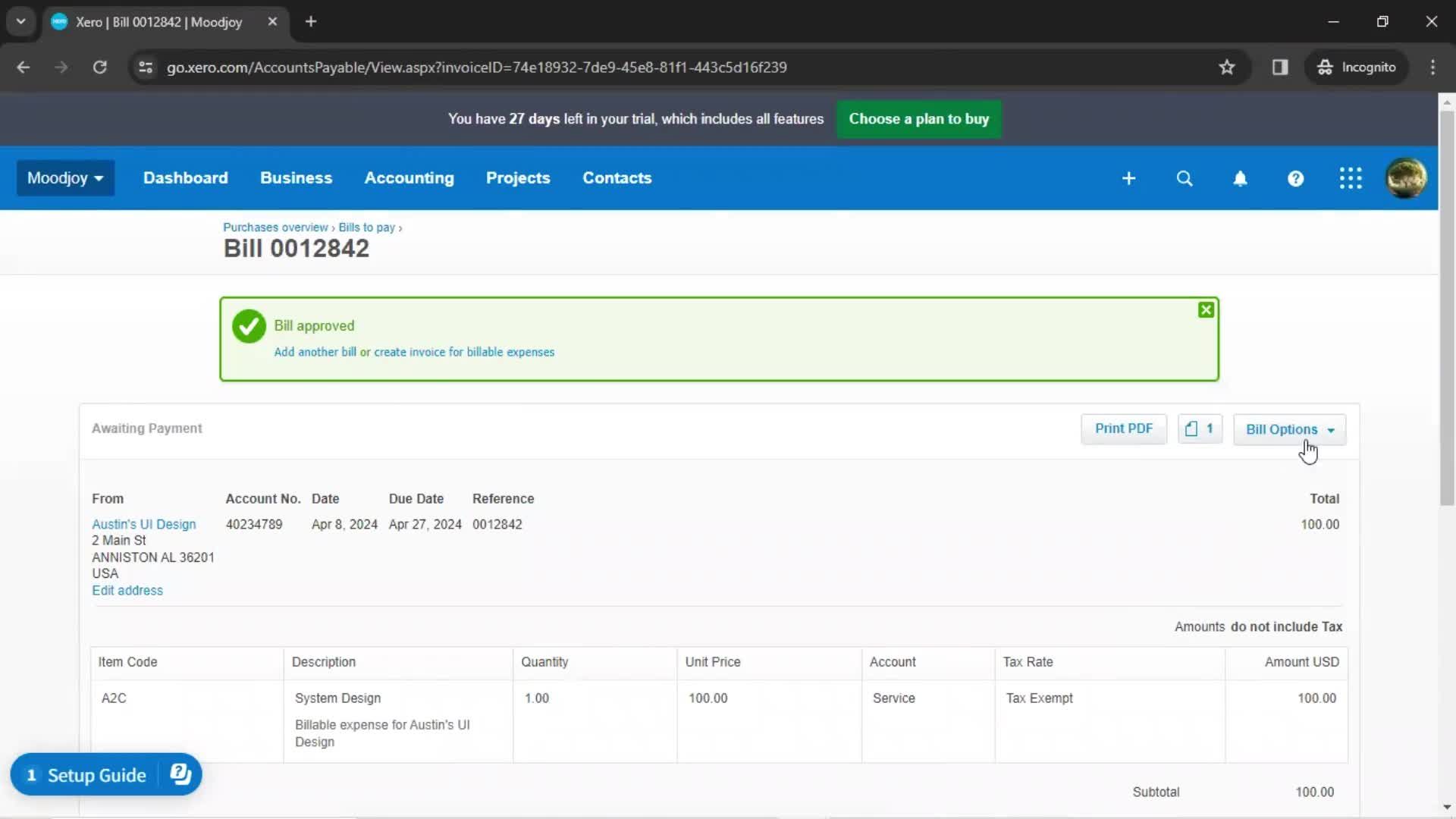 Creating a bill screenshot