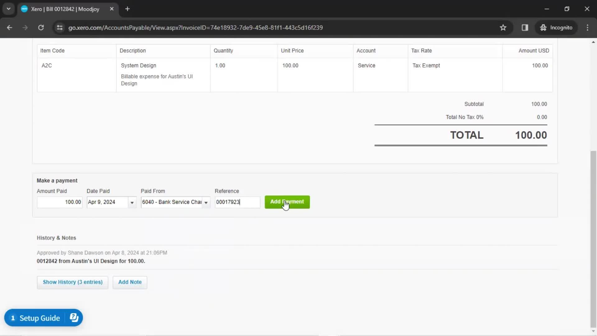 Creating a bill screenshot