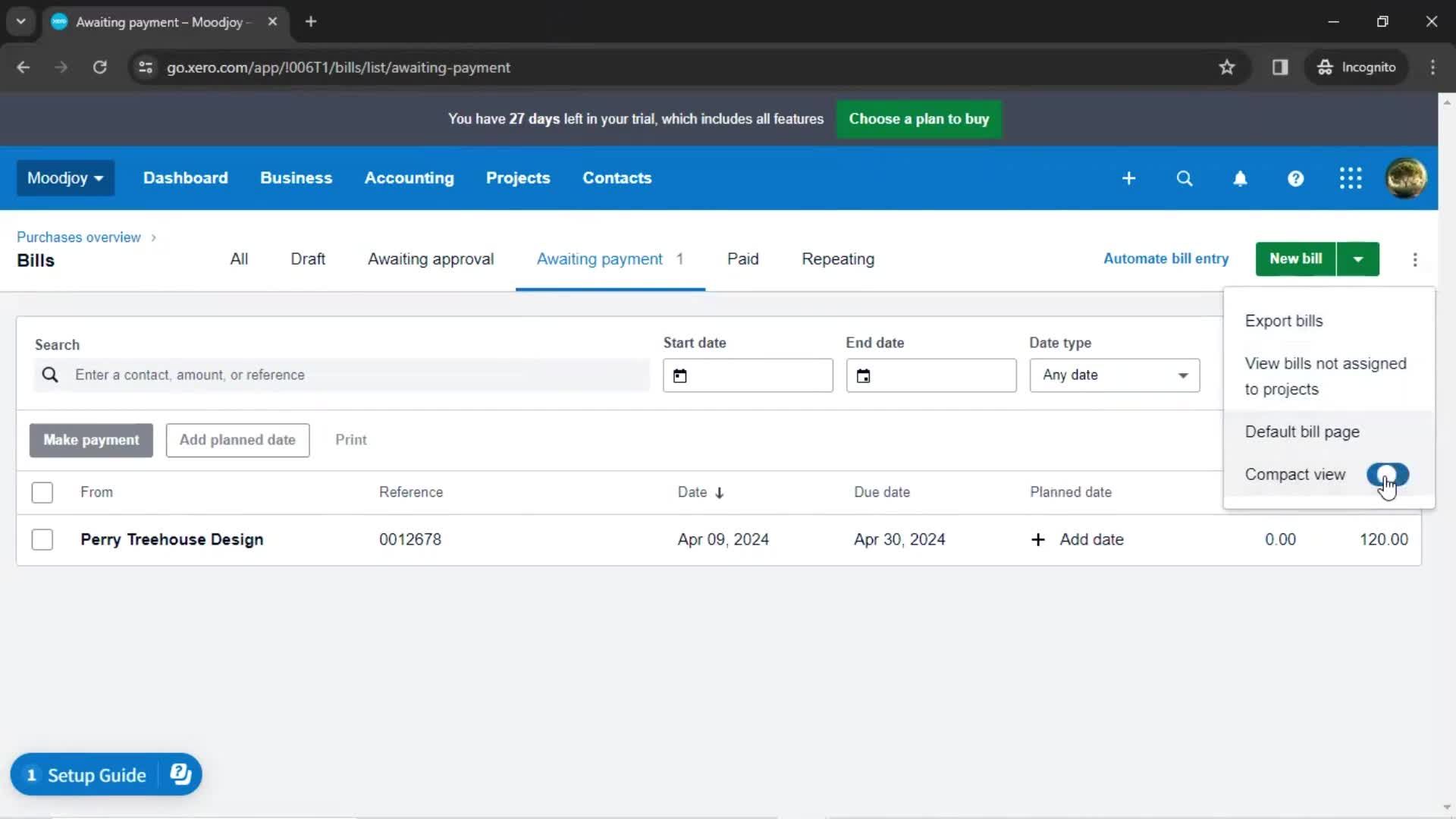Creating a bill screenshot