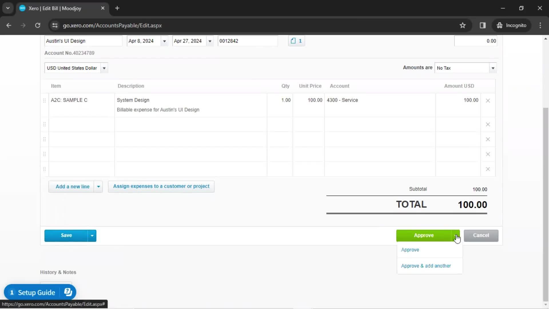 Creating a bill screenshot