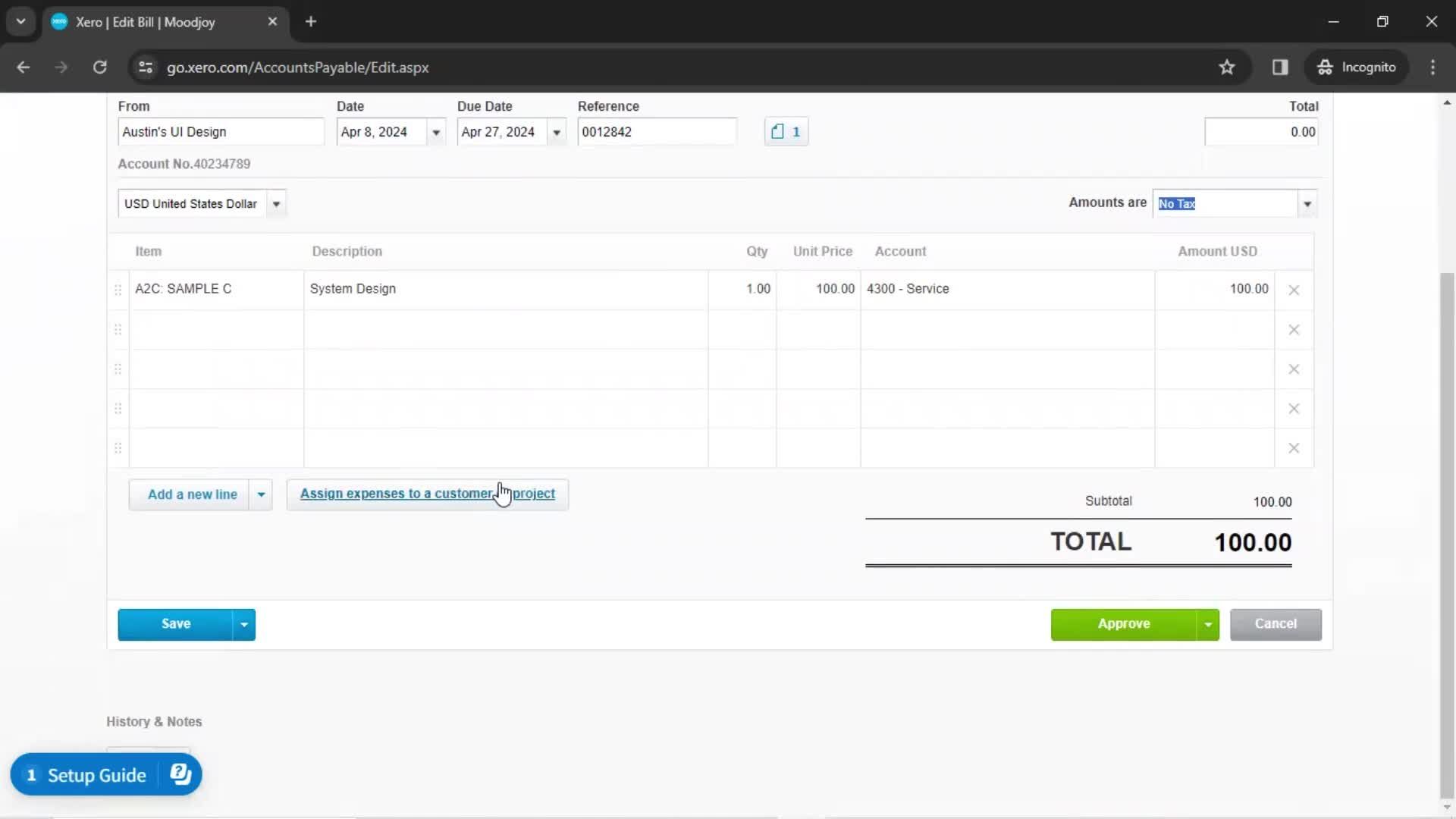 Creating a bill screenshot