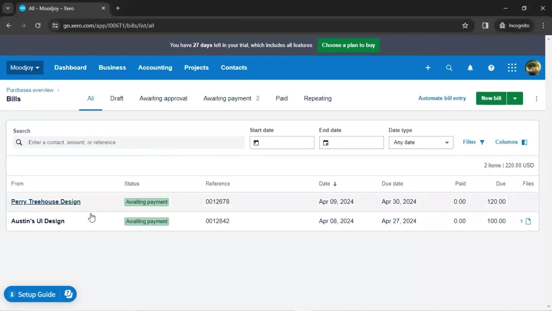 Creating a bill screenshot