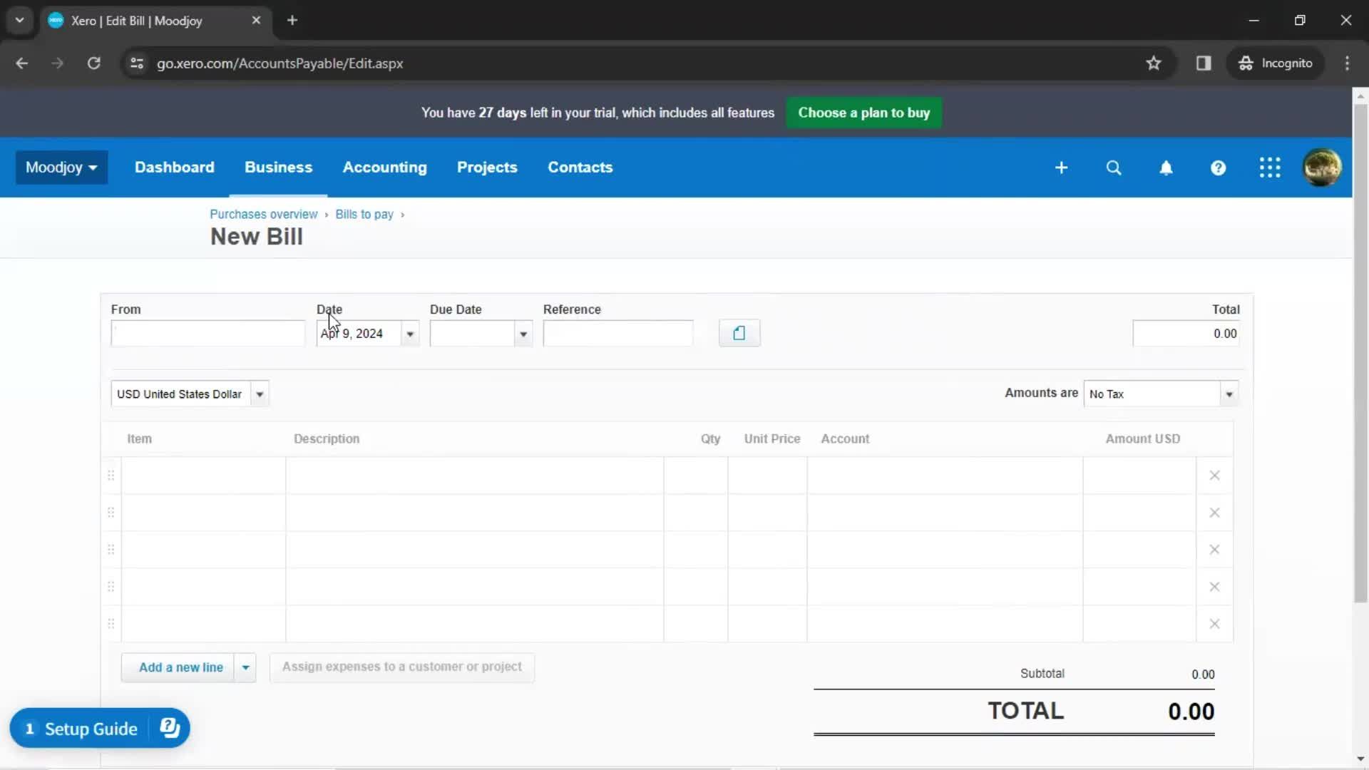 Creating a bill screenshot