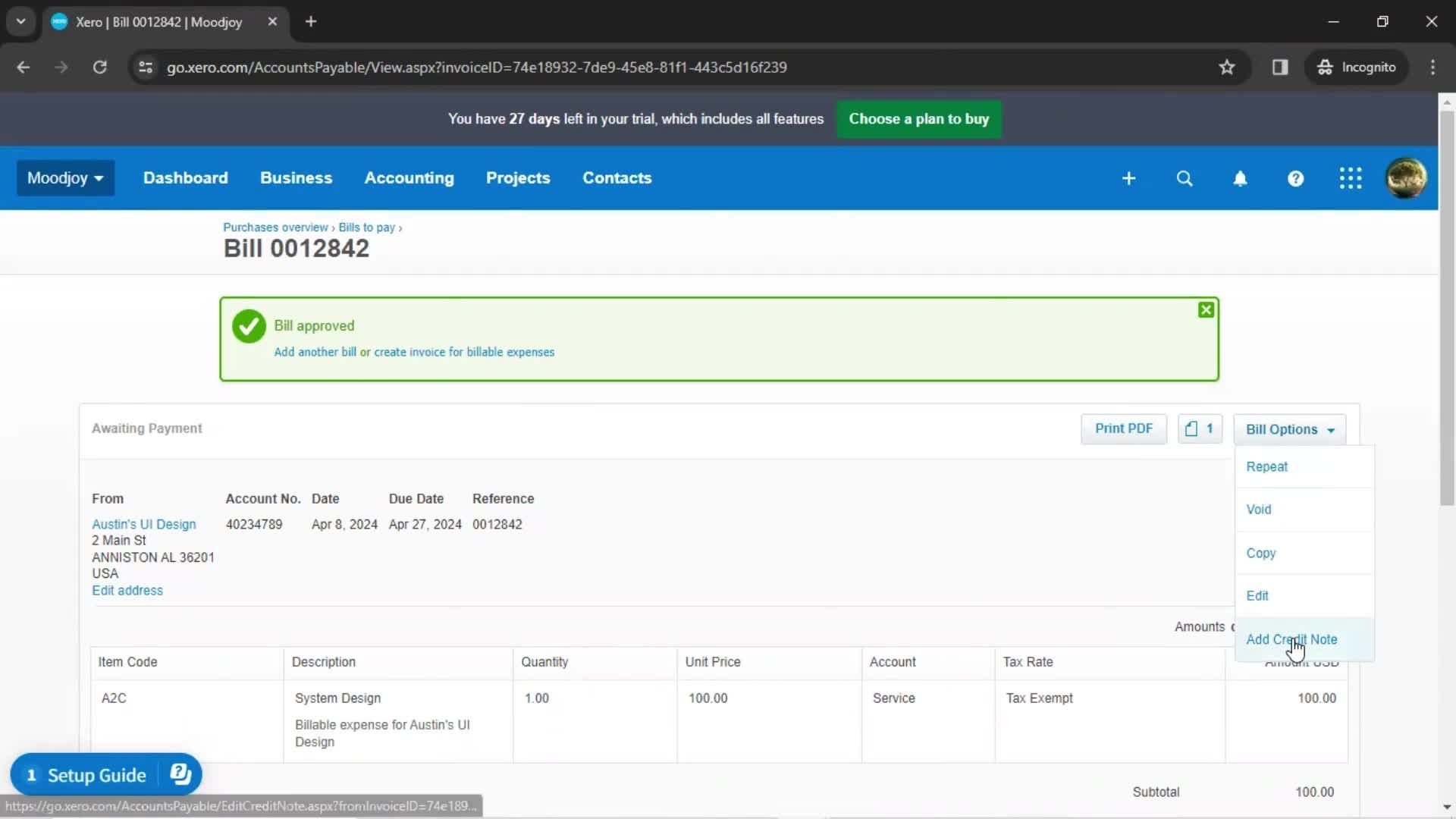 Creating a bill screenshot