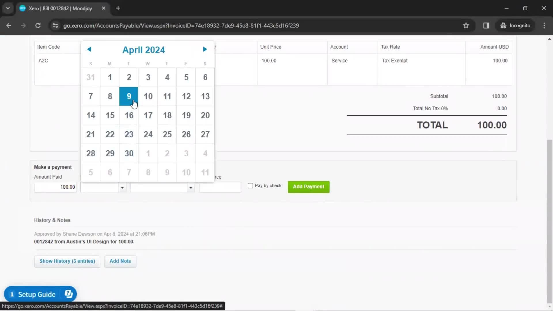 Creating a bill screenshot