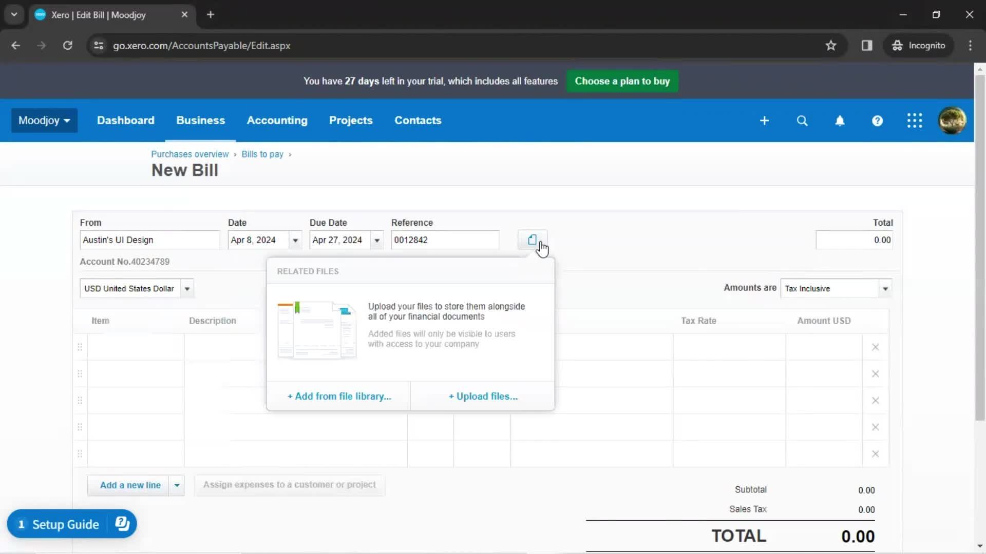 Creating a bill screenshot