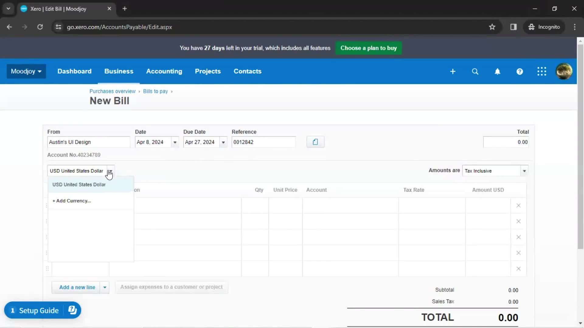 Creating a bill screenshot