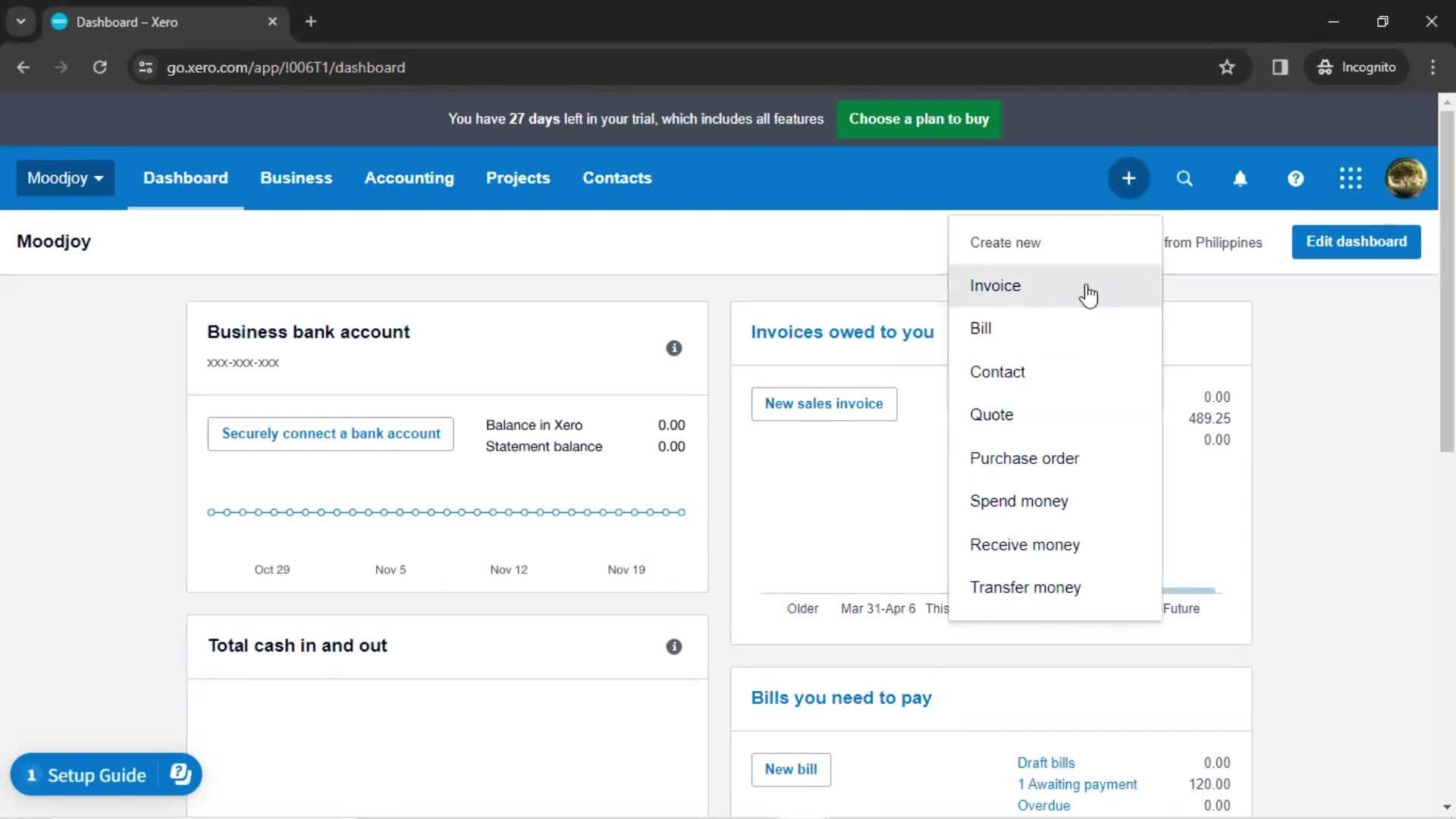 Creating a bill screenshot