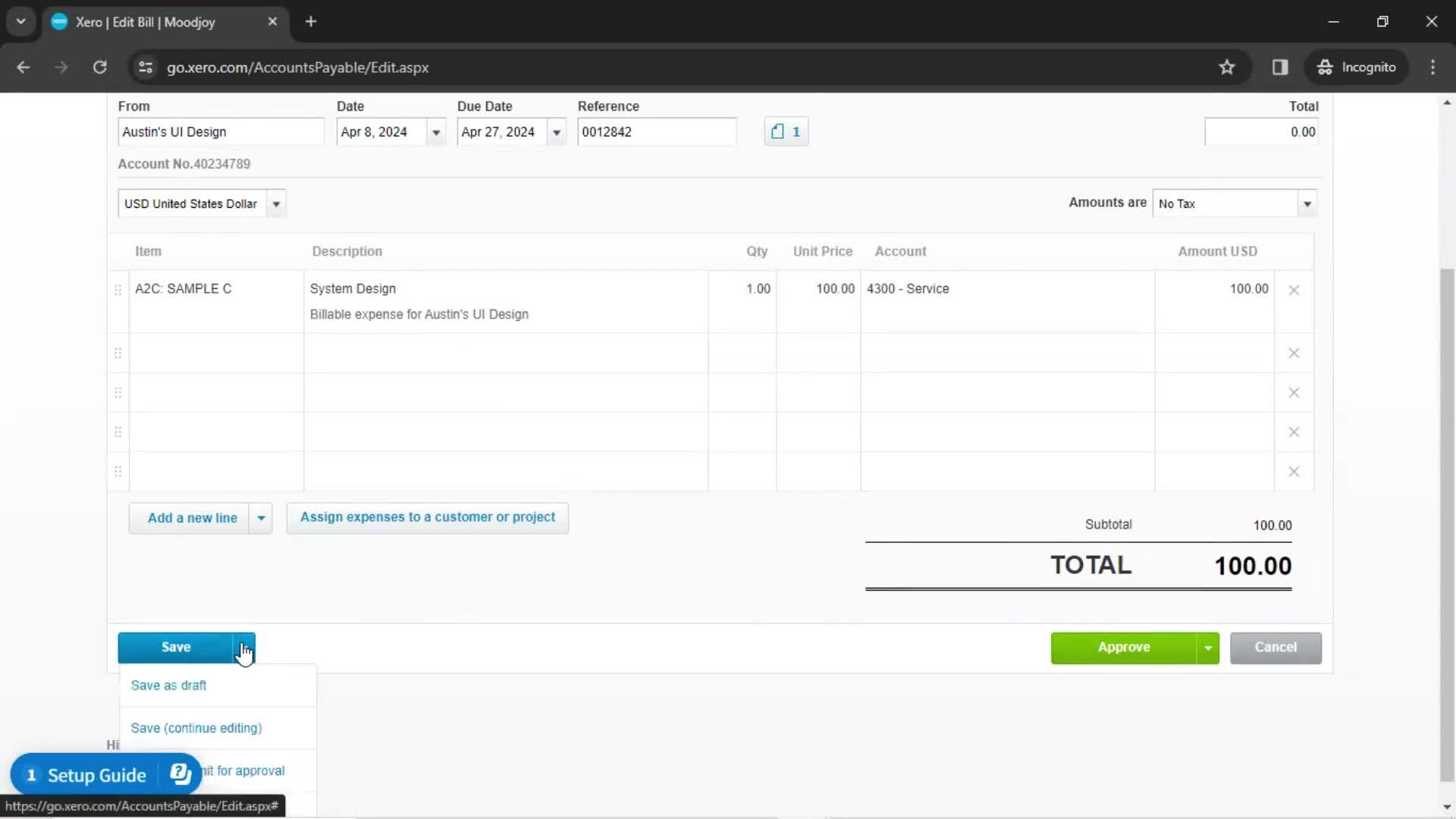 Creating a bill screenshot