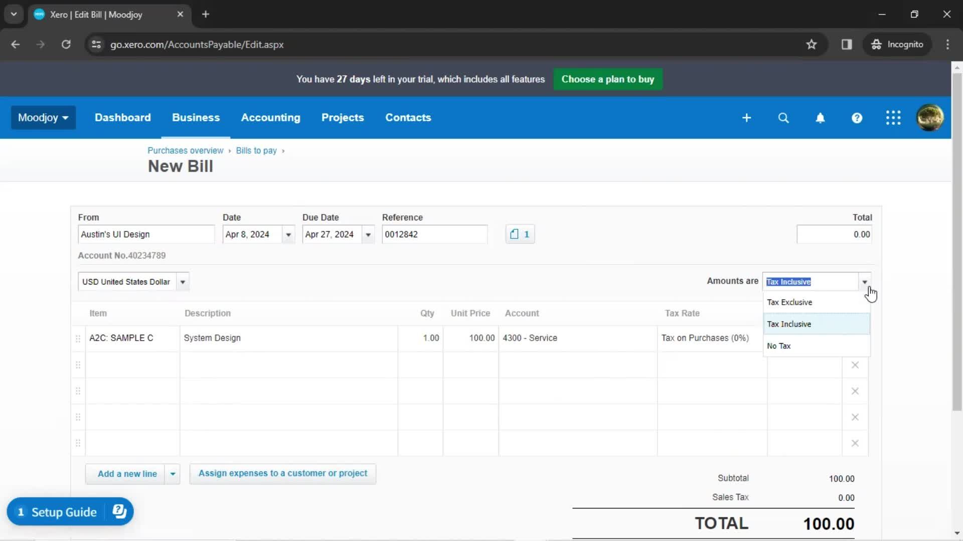 Creating a bill screenshot