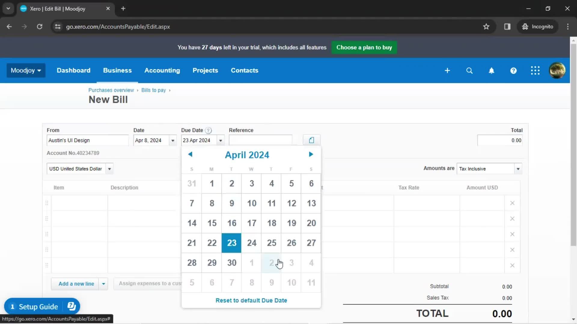 Creating a bill screenshot