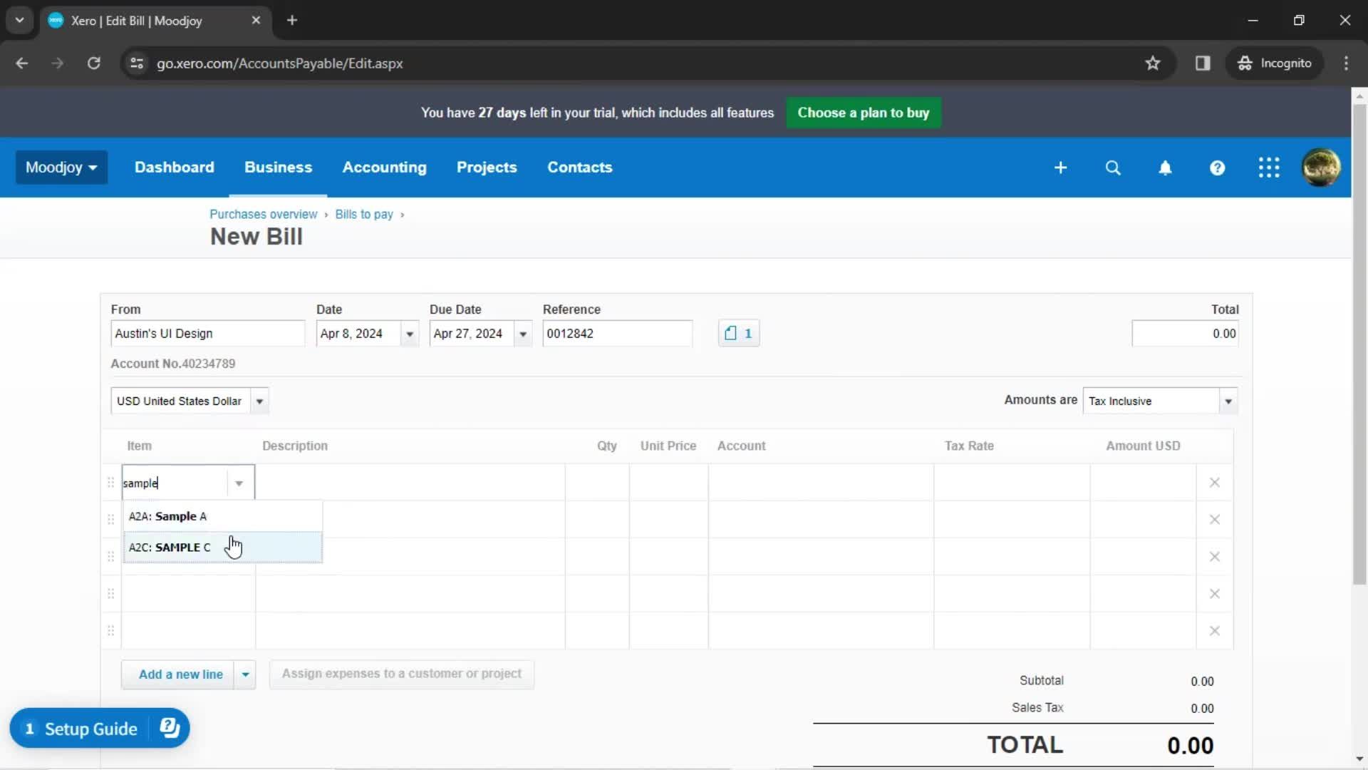 Creating a bill screenshot