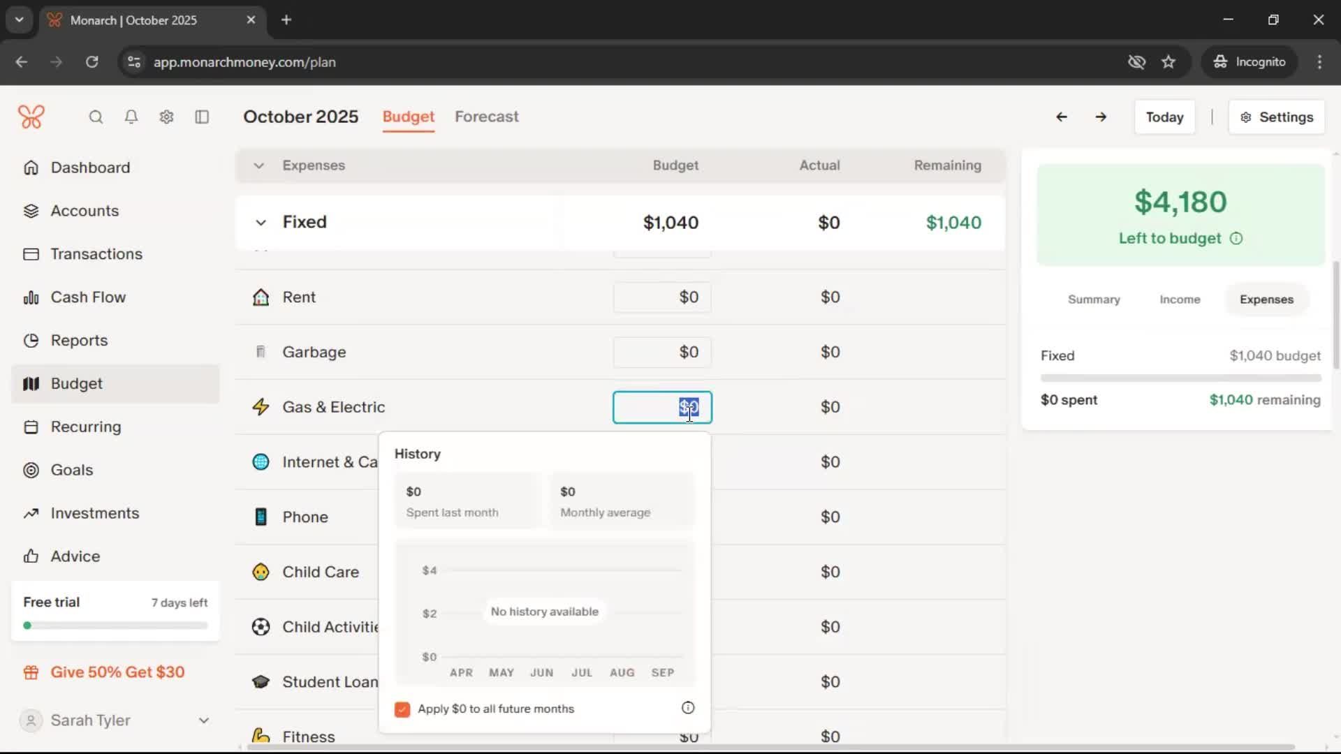Creating a budget screenshot