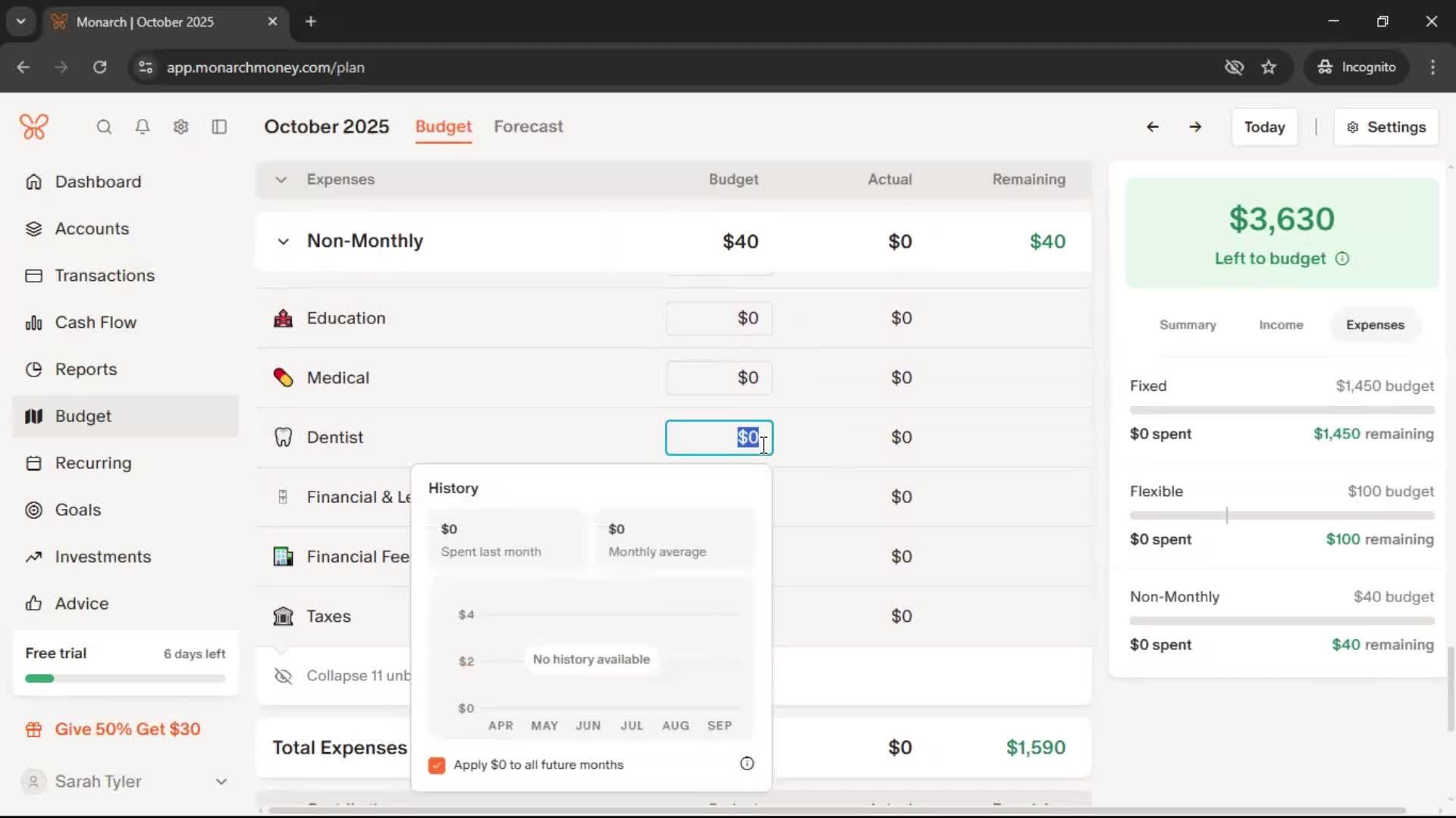 Creating a budget screenshot