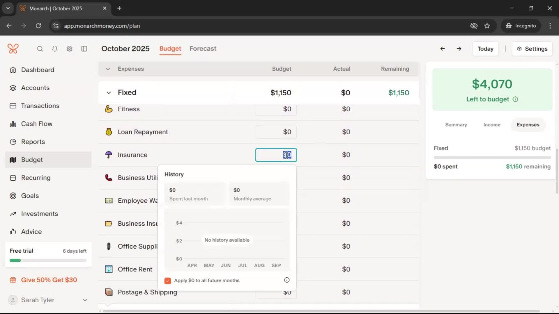 Creating a budget screenshot