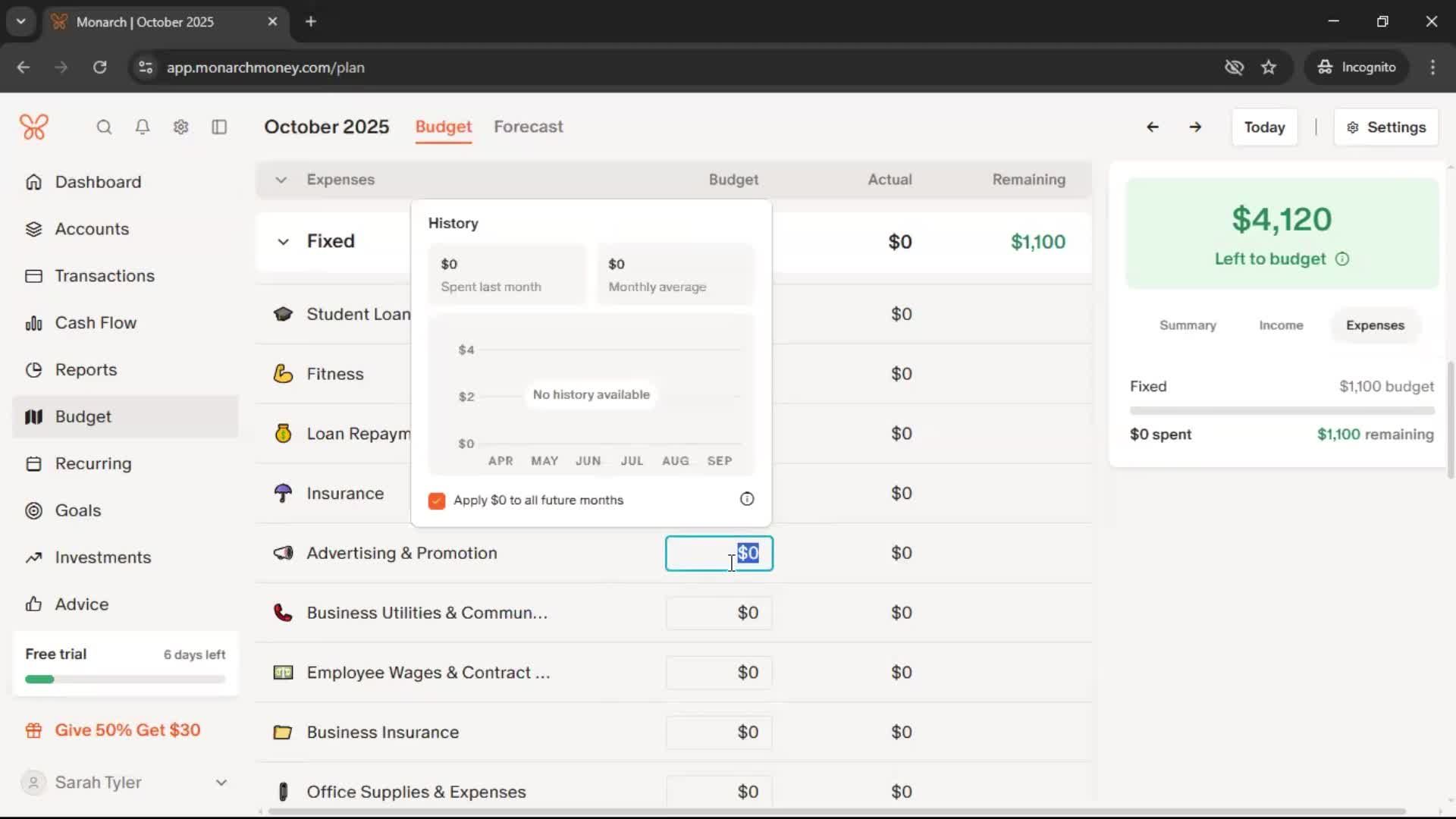 Creating a budget screenshot