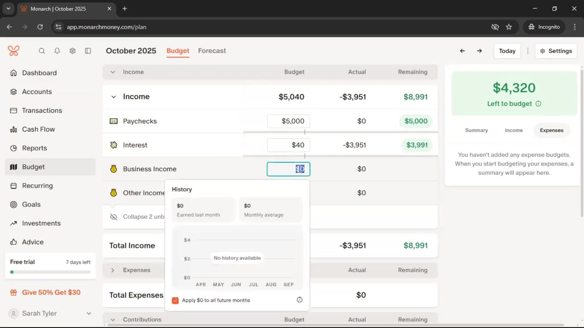 Creating a budget screenshot