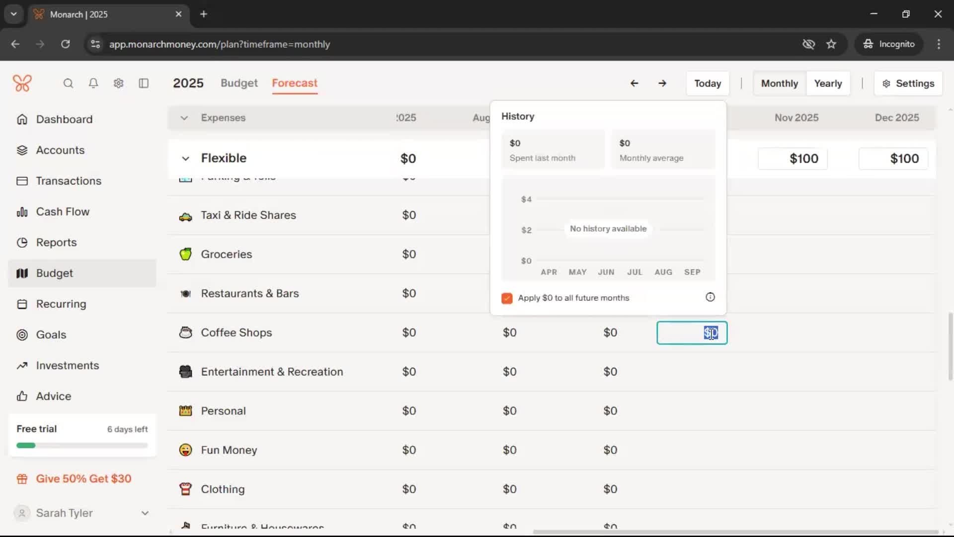Creating a budget screenshot