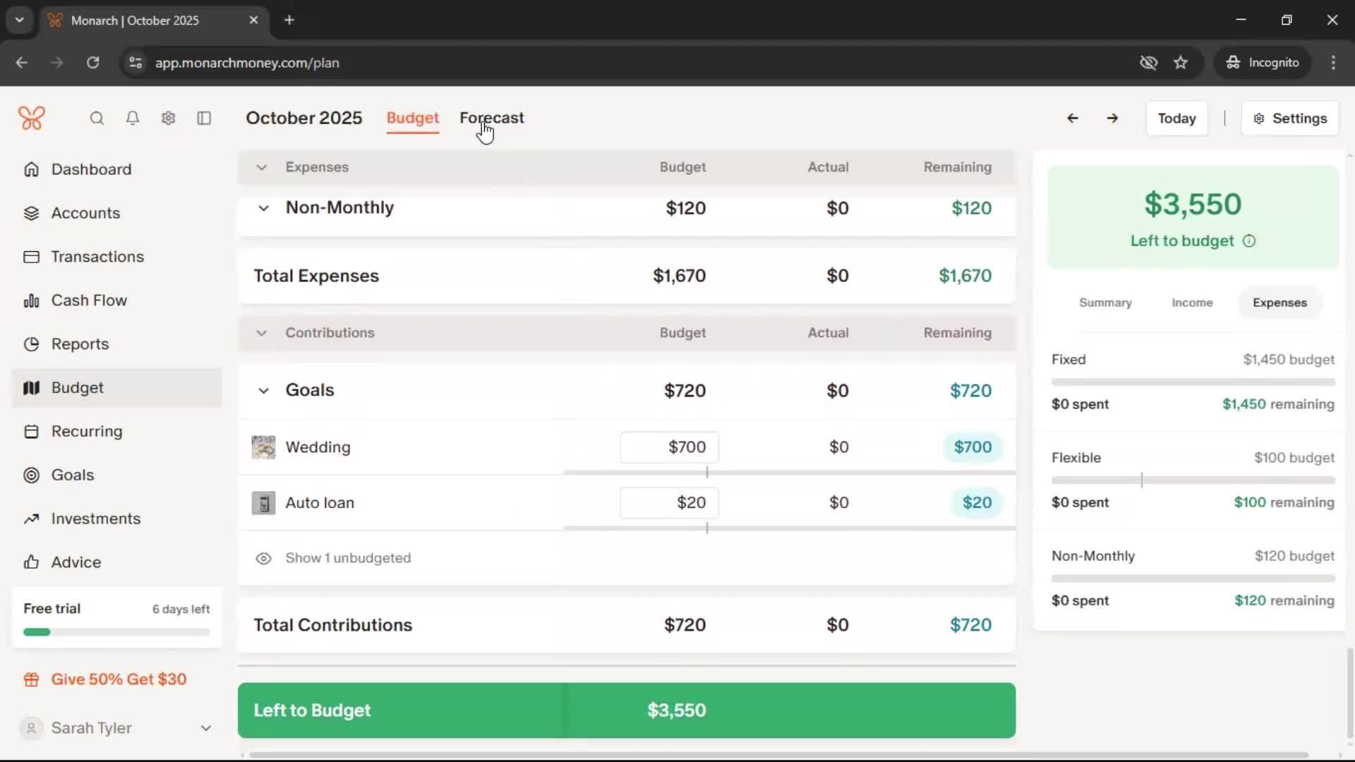 Creating a budget screenshot