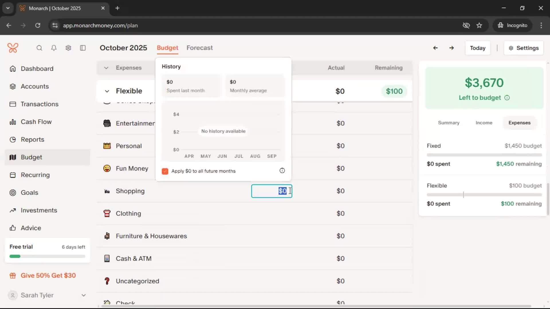 Creating a budget screenshot