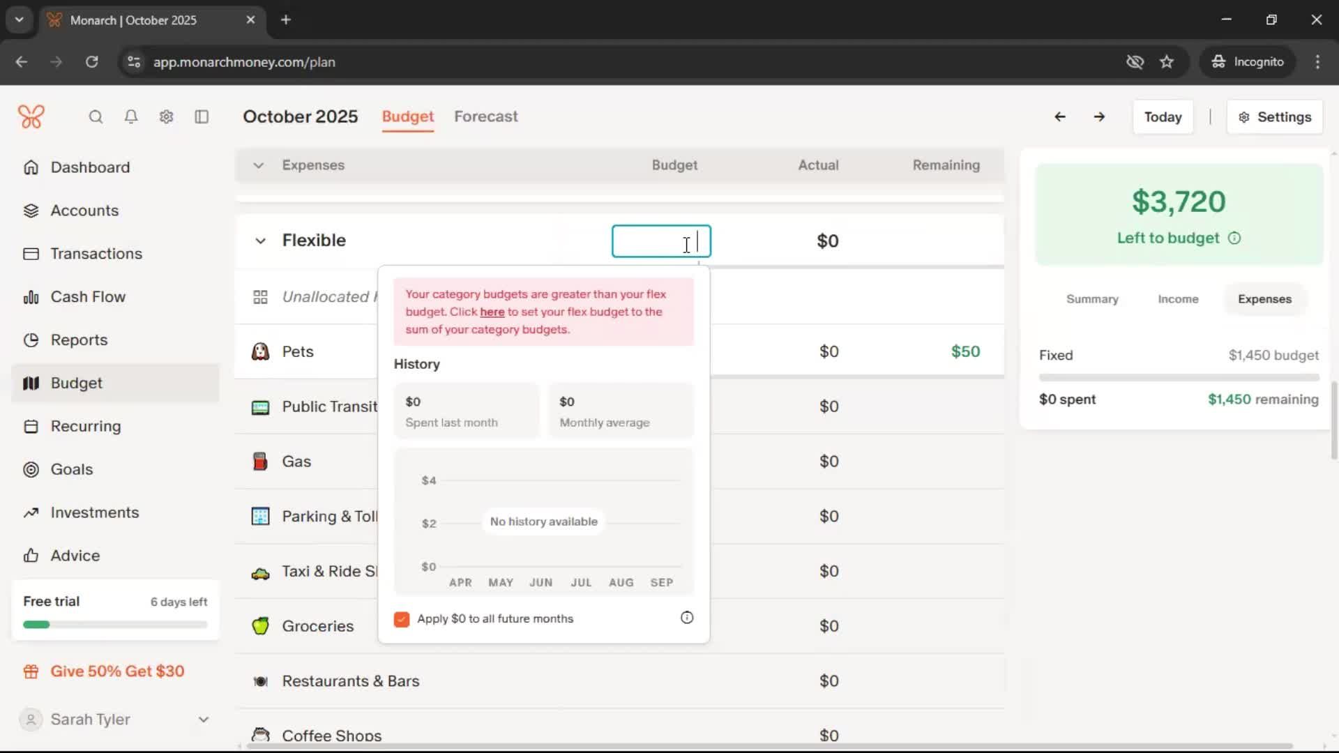 Creating a budget screenshot