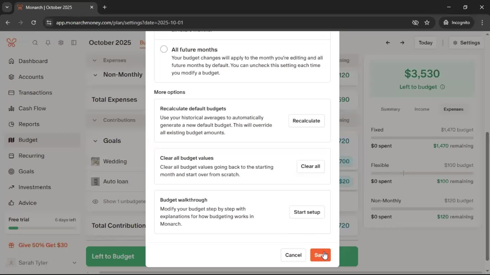 Creating a budget screenshot