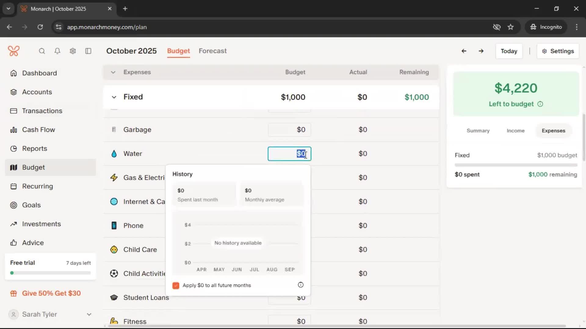 Creating a budget screenshot