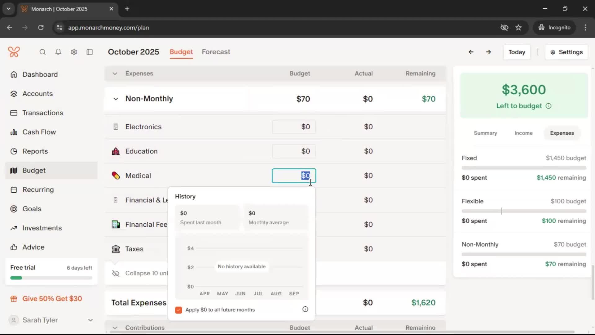 Creating a budget screenshot