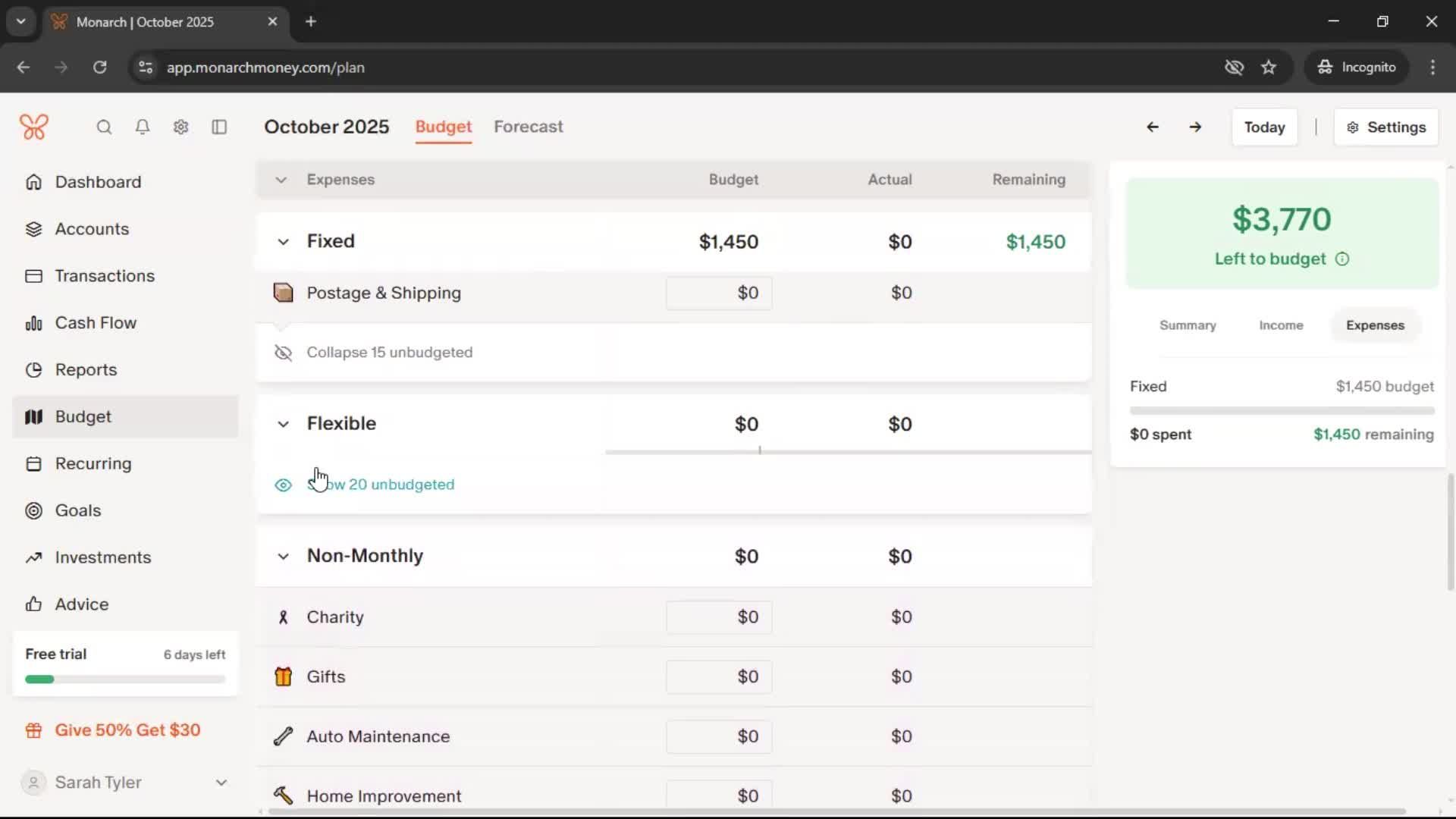 Creating a budget screenshot