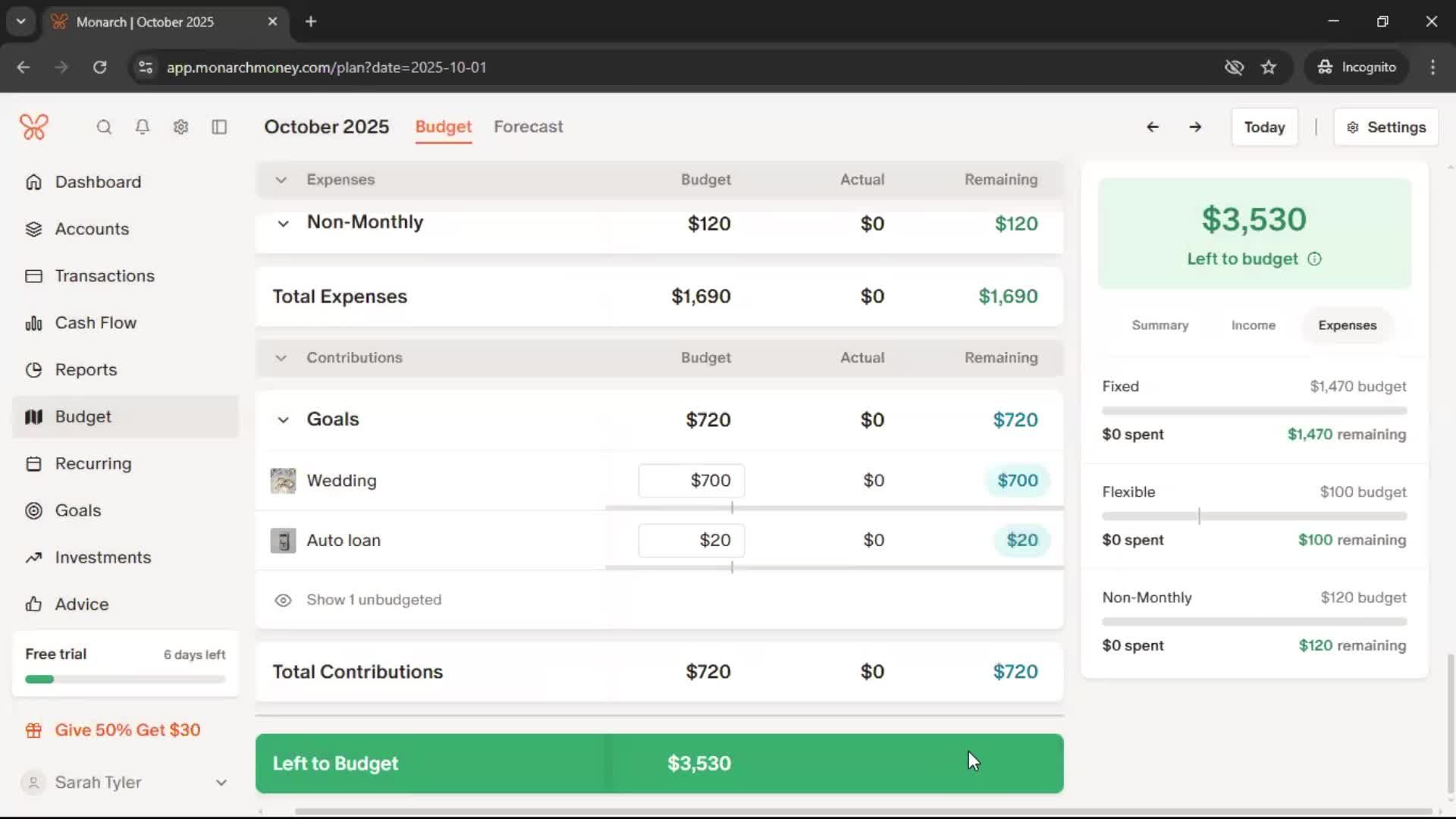Creating a budget screenshot